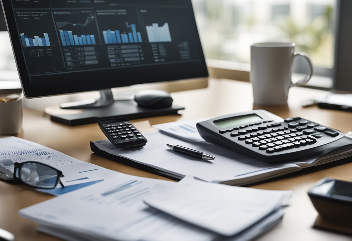 A modern office desk with a computer displaying the QuickBooks for real estate software, surrounded by files, a calculator, and a cup of coffee