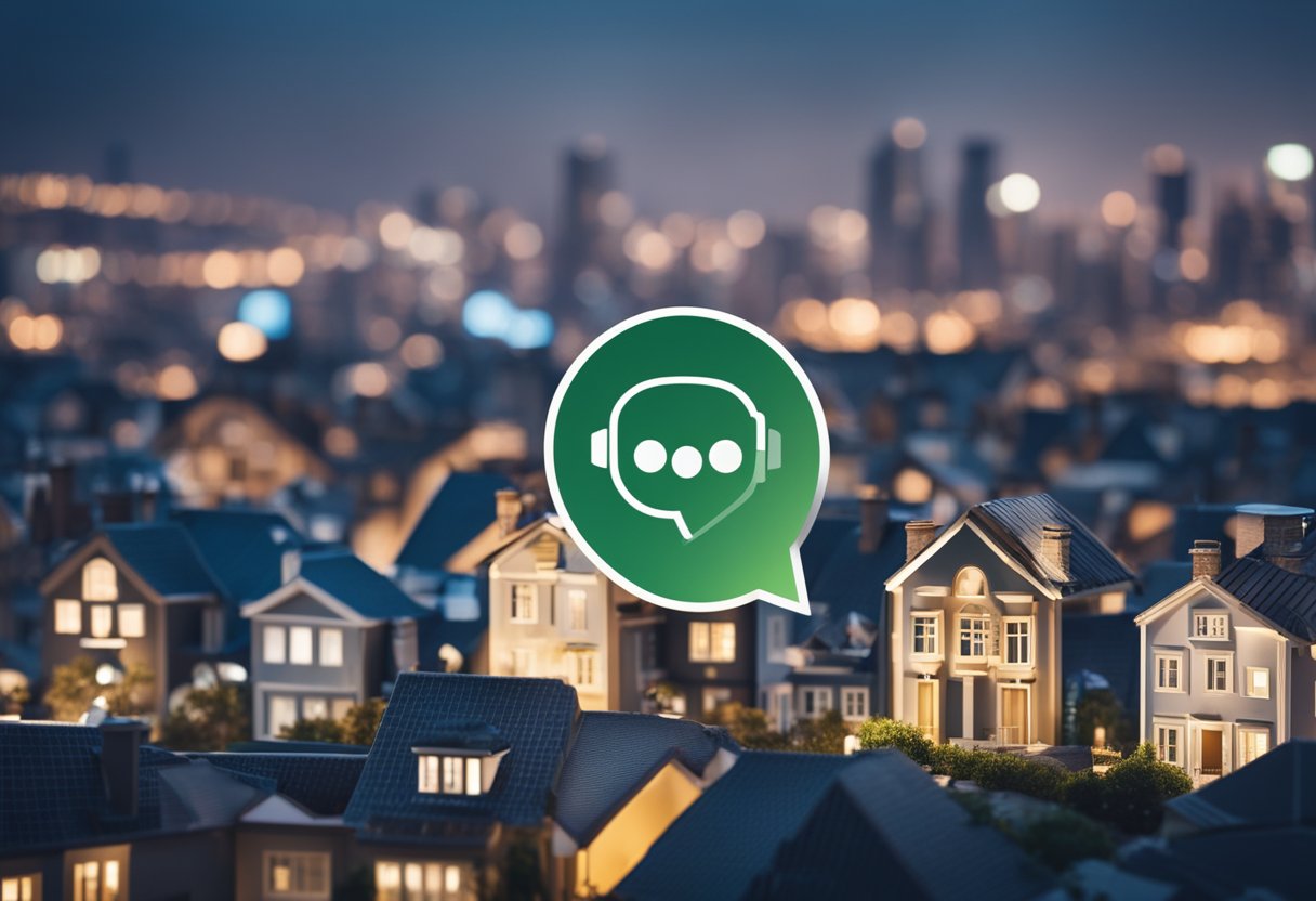 A chatbot icon with a roof and key symbol, surrounded by house and city skyline illustrations