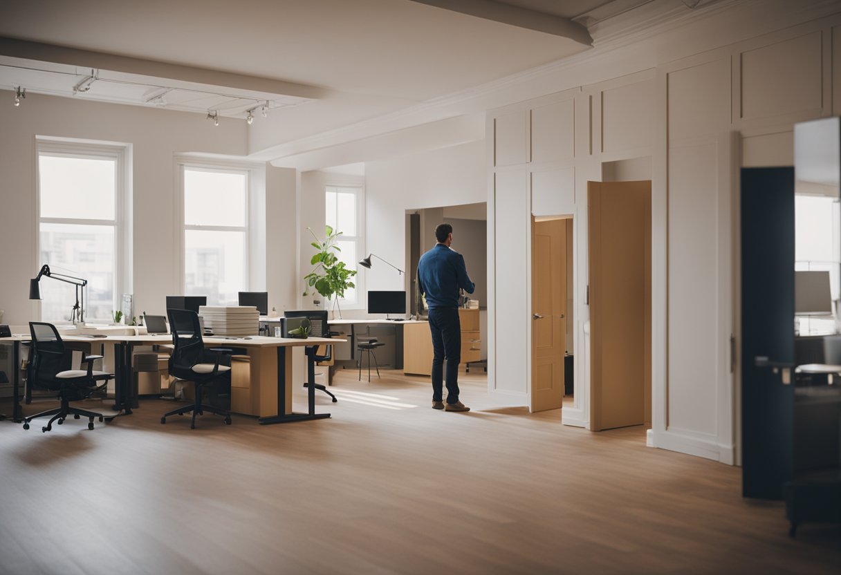 An office space being transformed into a cozy residential apartment, with furniture being moved in and walls being painted a warm color