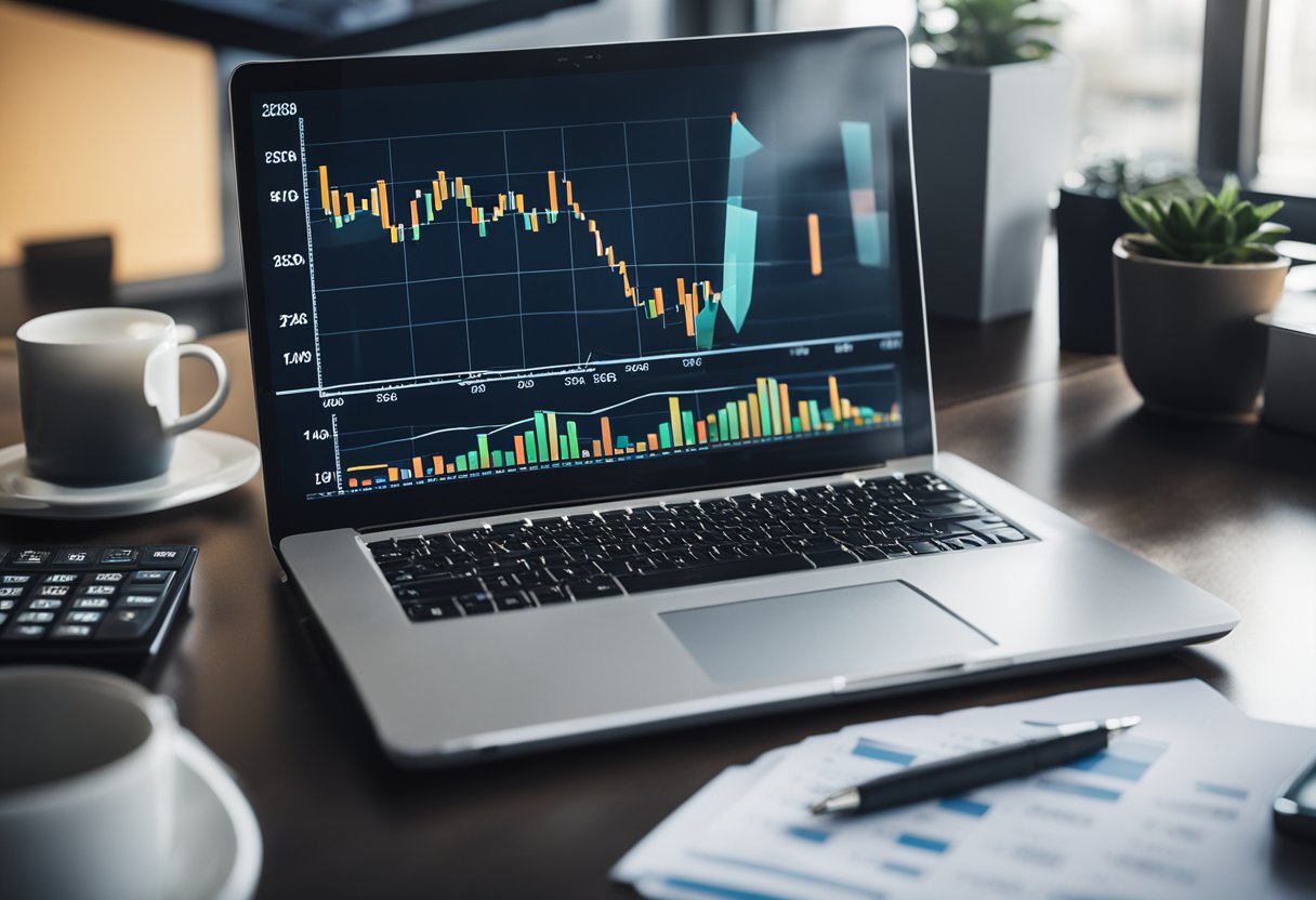 A laptop displaying real estate data, a graph showing market trends, and a calculator on a desk