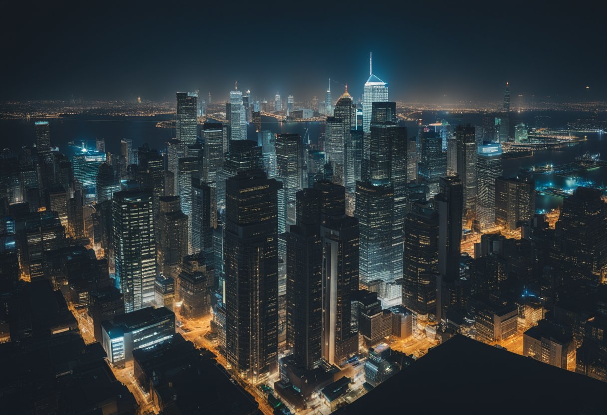 A city skyline at night with buildings close together, suggesting cap rate compression