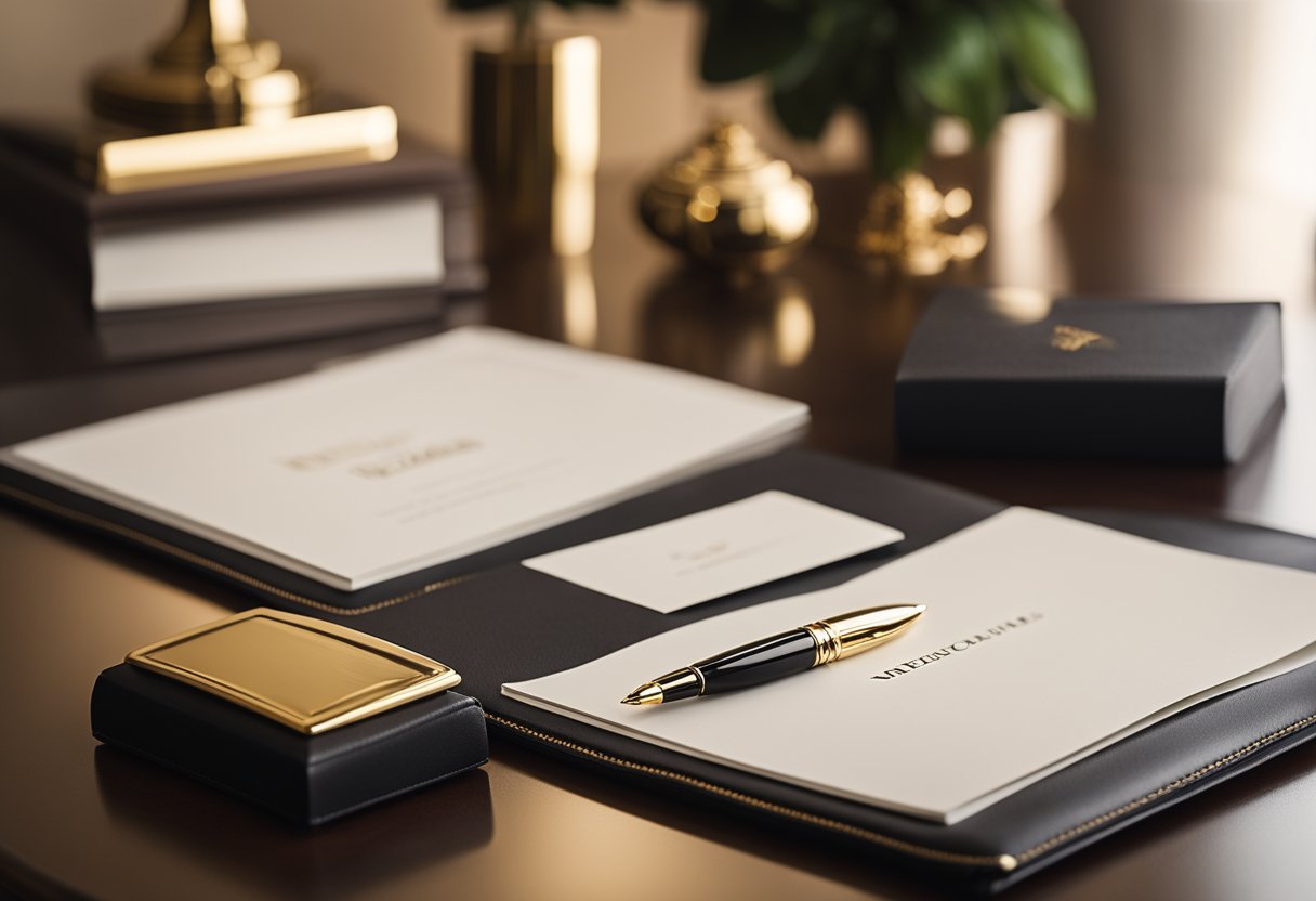 An elegant office desk with a leather-bound real estate offering memorandum, a sleek pen, and a polished brass nameplate