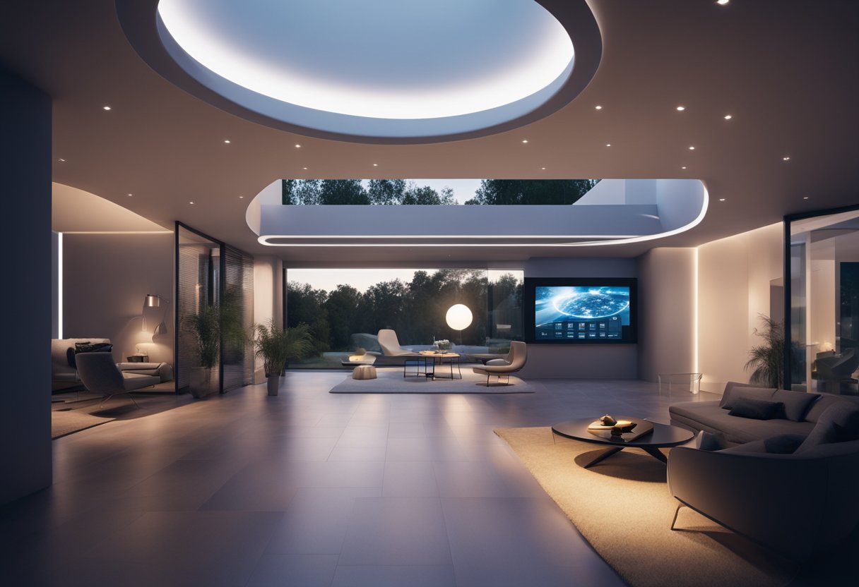 A futuristic home with AI-controlled lighting, temperature, and security systems. Virtual reality goggles show potential buyers a 3D tour of the property