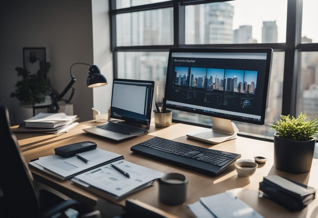 A desk with a computer, papers, and charts. A shelf with binders and files. A window with a view of buildings