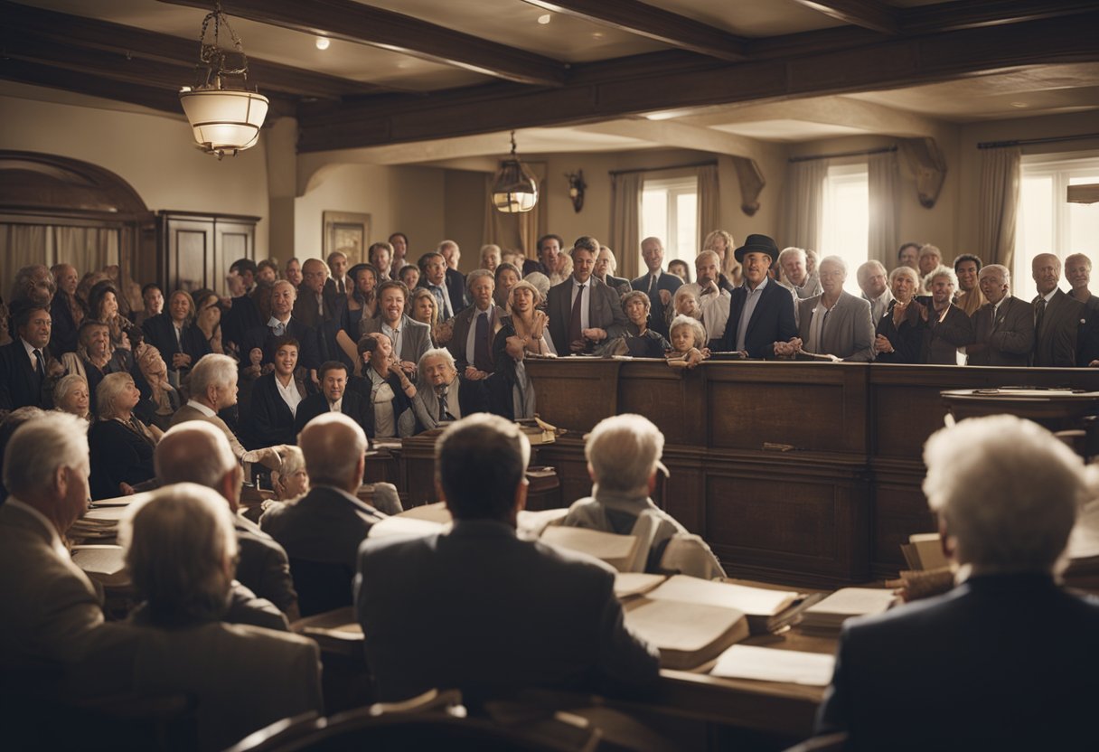 A crowded auction house with bidders and auctioneers, holding up numbered paddles, while a distressed homeowner watches their property being sold off