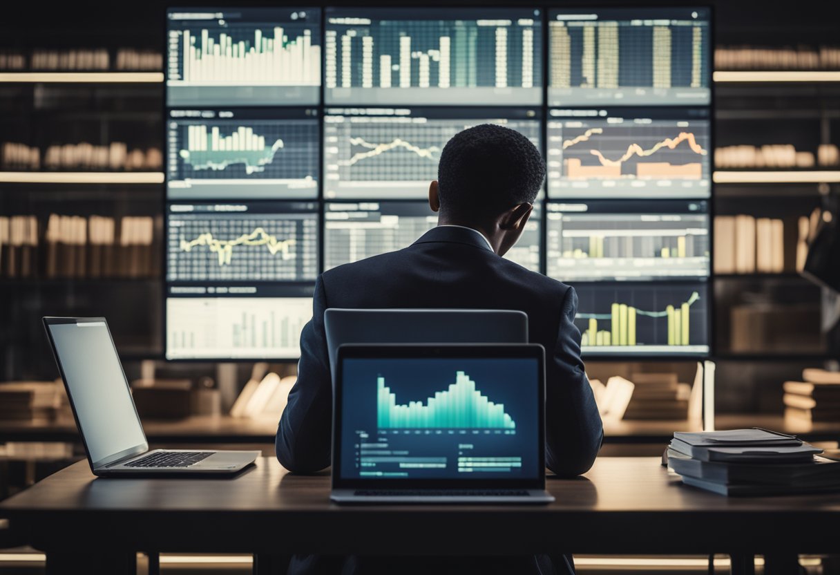 A person typing on a laptop with financial charts and graphs displayed on the screen, surrounded by books and papers on investing