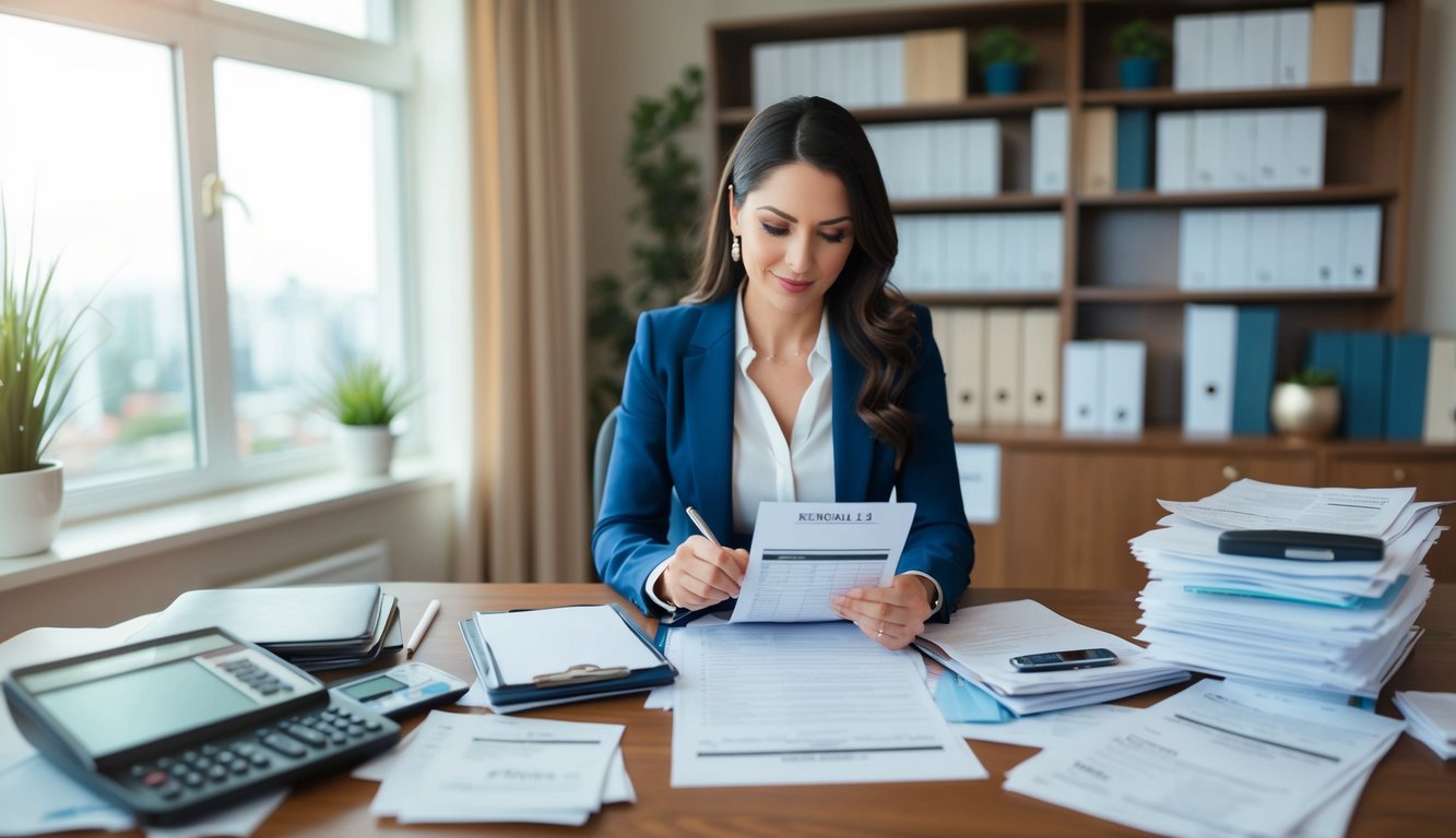 A real estate investor filling out a Schedule E form with a computer and a desk scattered with receipts and invoices.