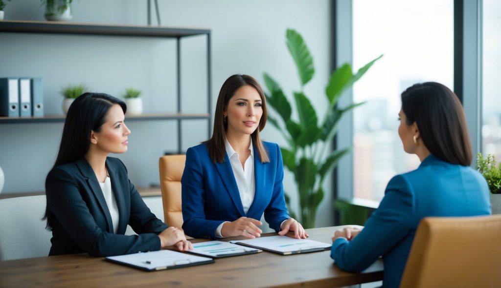 Two female real estate investors meeting with their accountant to ask and answer questions about compiling the year-end tax return for rental property.