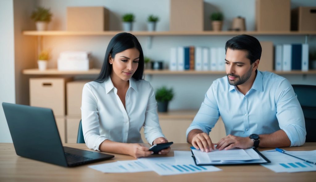 A female real estate investor searching for state foreclosure listings on her computer while her male co-investor watches.