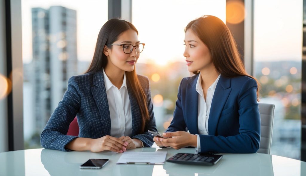 A young first-time female real estate investors talking to her lender about different ways to finance a rental property to avoid having negative leverage.