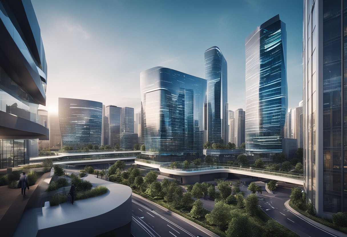 An office building with futuristic architecture and AI-powered smart systems, surrounded by bustling city streets and digital billboards