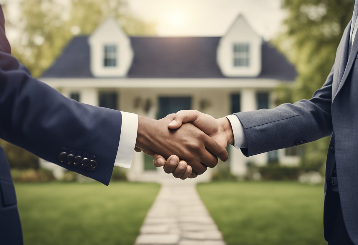 A handshake between two people in front of a house with a "sold" sign