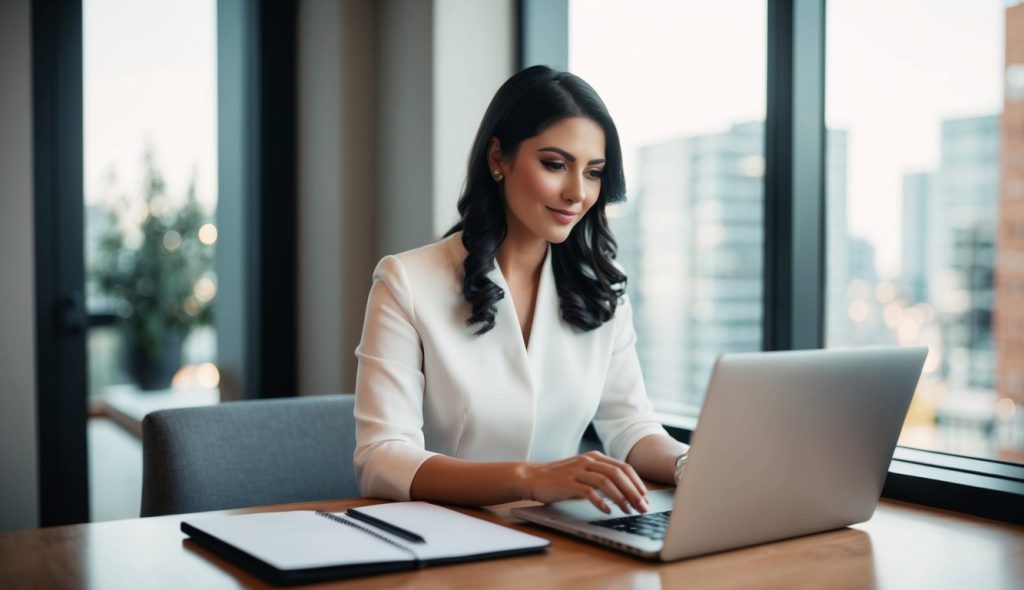 A female real estate investor using her laptop to analyze a potential investment property to purchase based on key deal parameters.