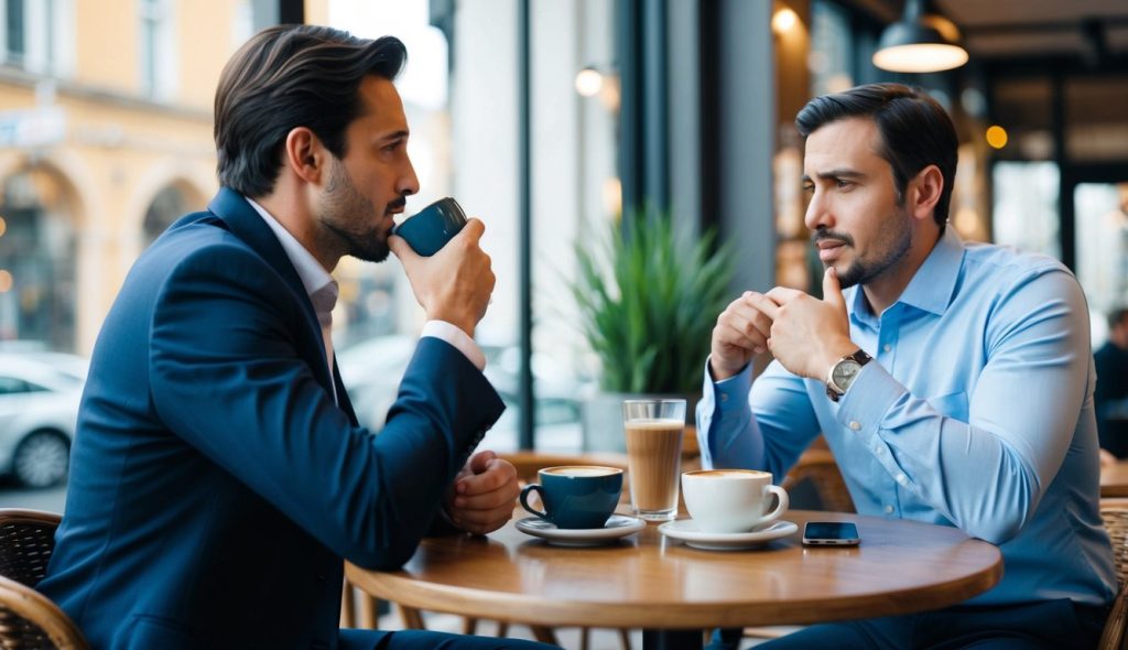 Two real estate investors meeting for a cup of coffee and discussing the potential problems with a real estate deal.