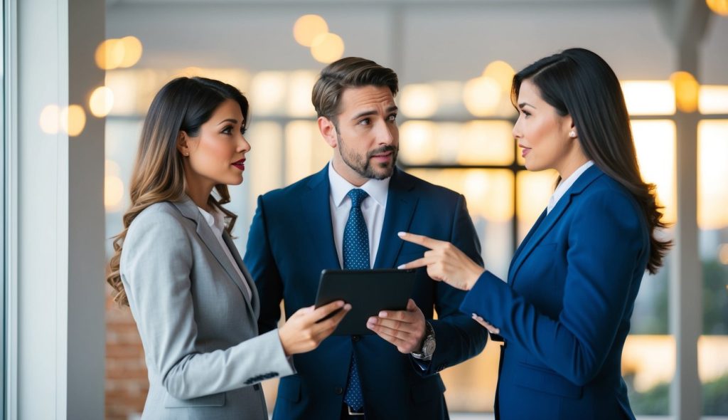 A male and female real estate investing team speaking with a listing agent and asking questions about a potential real estate deal they are considering.