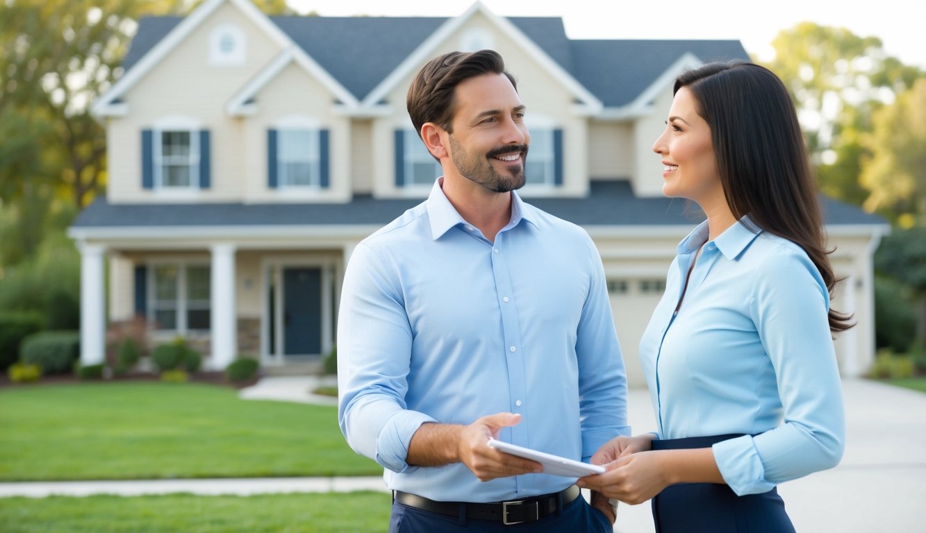 A husband and wife real estate investing team standing in front of a foreclosure property without a sign in the yard that is in good condition, discussing the possibilities of investing in the property to fix and flip or turn into a rental.