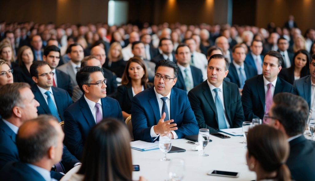 Dozens of real estate investors attending a conference about country foreclosure listings. One attendee is asking a question of the presenter.