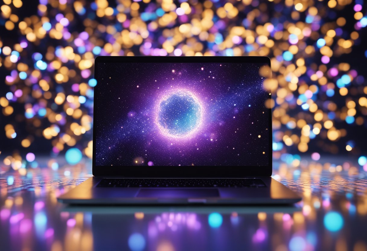 A bright computer screen surrounded by floating digital particles