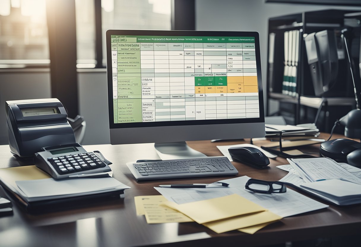 A cluttered office desk with scattered papers, a calculator, and a budget spreadsheet open on a computer screen