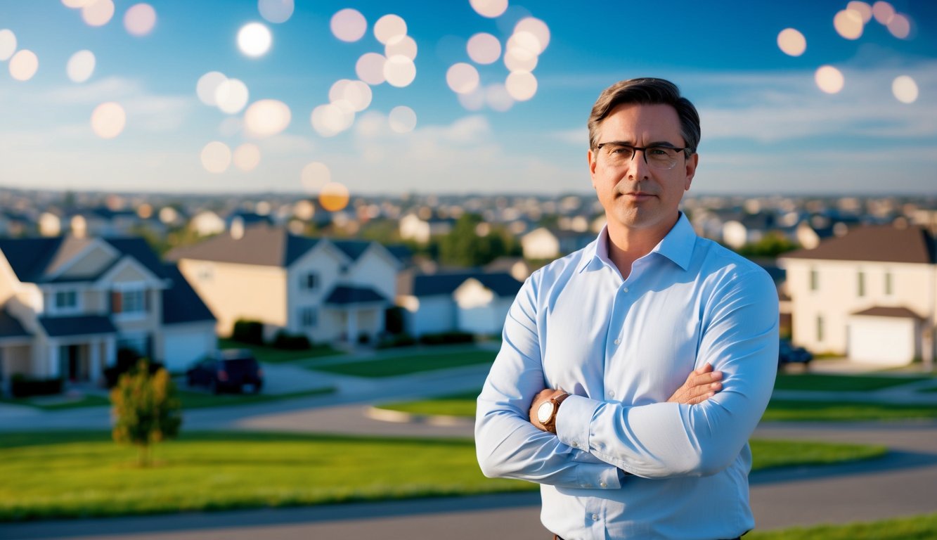 A real estate investor looking at rows of houses in a suburban neighborhood, some of which are occupied and some of which are vacant.