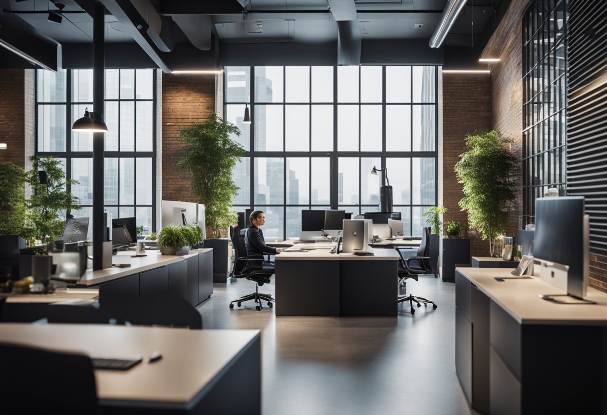 A sleek, modern office space with a virtual assistant interacting with clients, analyzing data, and managing property listings for a real estate company