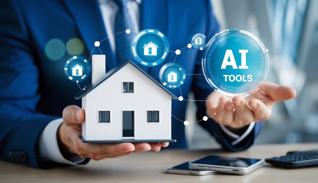 Impact of AI on the real estate industry. An investor is holding a rental property, surrounded by artificial intelligence tools, a computer, and a calculator.