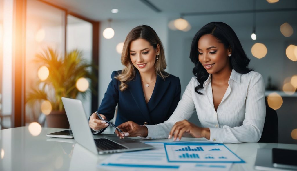 Two female real estate investors reviewing a series of charts and graphs displaying key performance indicators for real estate, with labels and data points