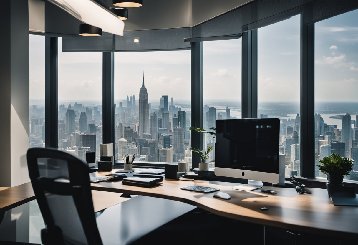 A modern office with a desk, computer, and files. A large window overlooks a city skyline. A phone and calendar sit on the desk