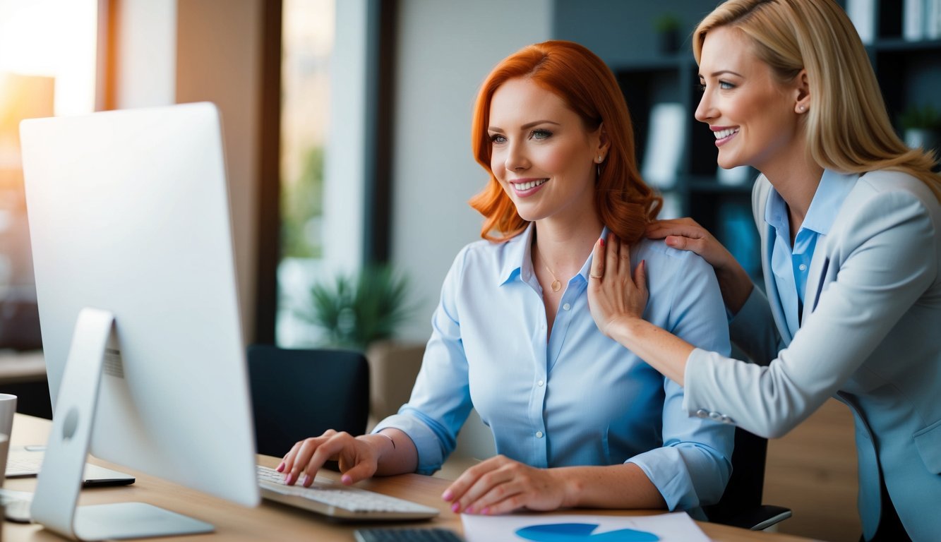 A real estate investor with red hair looking at a chart on her computer showing real estate cash flow projections over time. Her female business partner is smiling and patting her on the shoulder for the accurate projections.