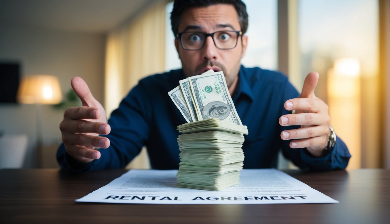 A stack of bills hidden behind a rental agreement, a surprised renter inspecting the fine print.