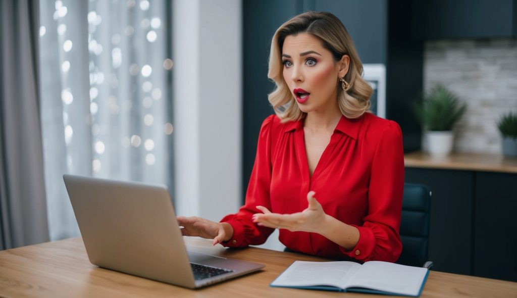 A female landlord wearing a red blouse looking at her laptop screen, shocked to read what tenants are saying on social media about the hidden rental fees she is charging.