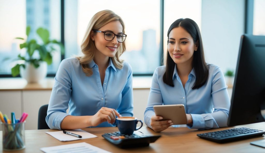 Two female real estate investors having coffee and discussing alternative ways to generate rental income from a house that they own while avoiding charging hidden rental fees. One has her calculator out while another is working on her notebook computer.