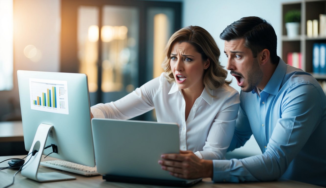 A husband and wife real estate investing team looking at a chart on their computer showing a downward trend in projected real estate cash flow, with incorrect data and miscalculations highlighted. The wife is distraught and the husband has a shocked look on his face.