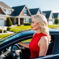 A blonde female real estate investor in a red dress driving through a neighborhood in her Mercedes and looking for foreclosures homes.