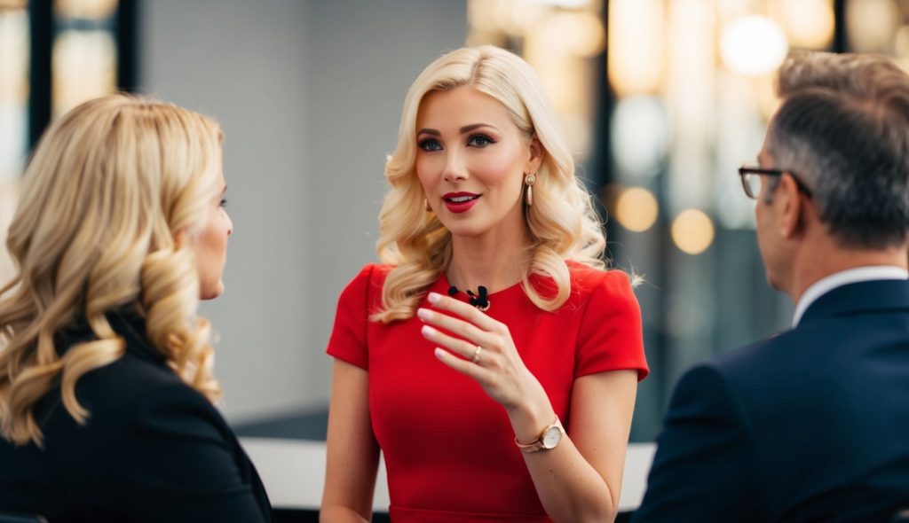 A husband and wife investing team attending a seminar to learn more about real estate foreclosure investing. The wife is blonde and wearing a red dress and her husband is wearing a white button down shirt and slacks. The wife is asking the presenter a questions while the husband listens to the answer.