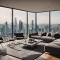 A spacious living room with modern furniture and large windows overlooking a city skyline