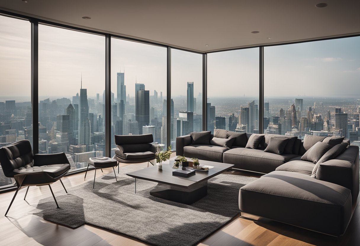 A spacious living room with modern furniture and large windows overlooking a city skyline