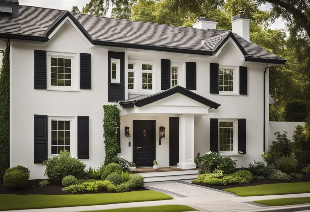 A newly renovated house with a fresh coat of paint, updated fixtures, and a well-maintained exterior, surrounded by a lush garden and a neatly paved driveway