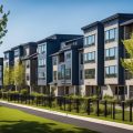 A row of single-family homes contrasts with a modern multifamily apartment building, set against a backdrop of trees and a clear blue sky