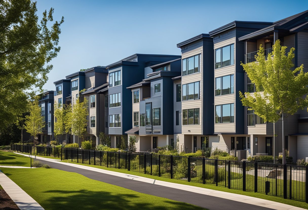 A row of single-family homes contrasts with a modern multifamily apartment building, set against a backdrop of trees and a clear blue sky