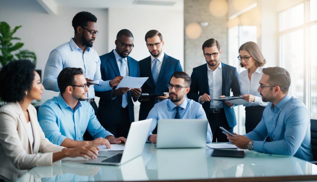 A group of male and female real estate investors sitting in an office and discussing the pros and cons of investing in single-family rentals versus multifamily properties. One of the investors is taking notes and another is viewing properties on her laptop computer.