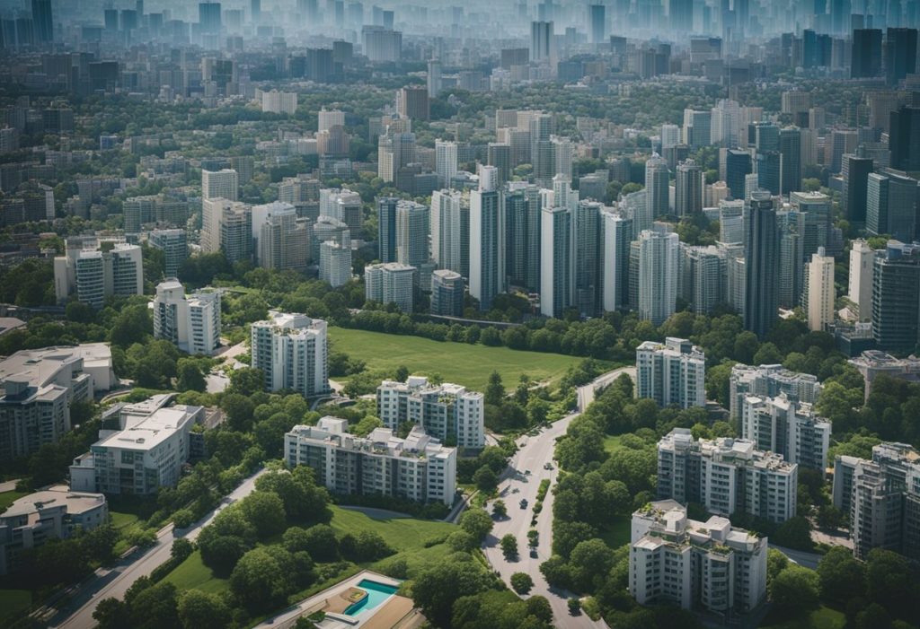 An urban skyline with modern high-rise buildings and bustling city streets, surrounded by green spaces and residential neighborhoods