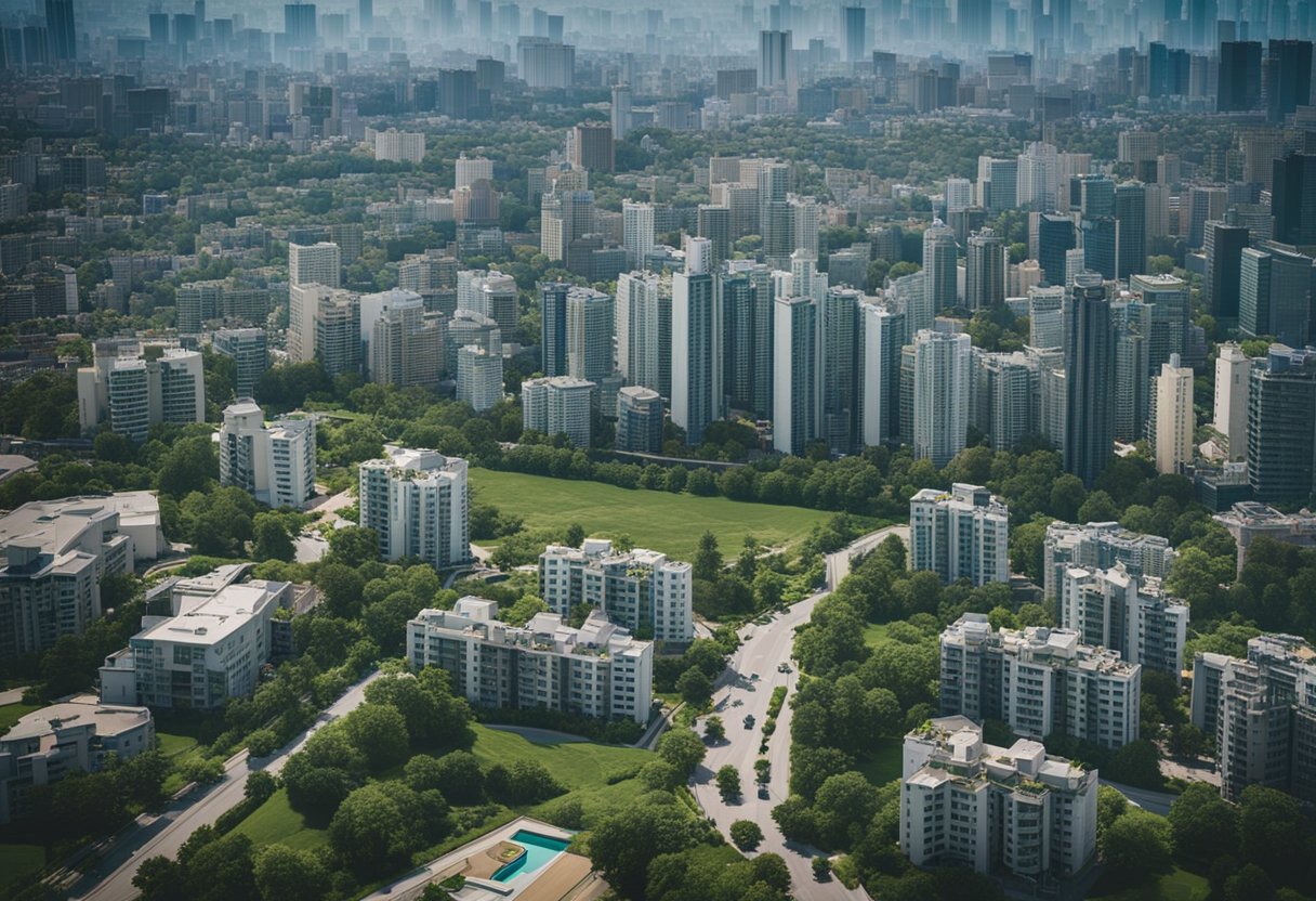 An urban skyline with modern high-rise buildings and bustling city streets, surrounded by green spaces and residential neighborhoods