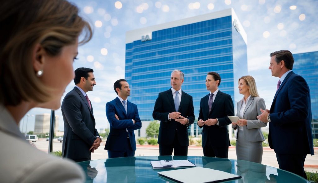 A group of male and female commercial real estate investors standing in front of an office building in Dallas. They are discussing the pros and cons of investing in the property.