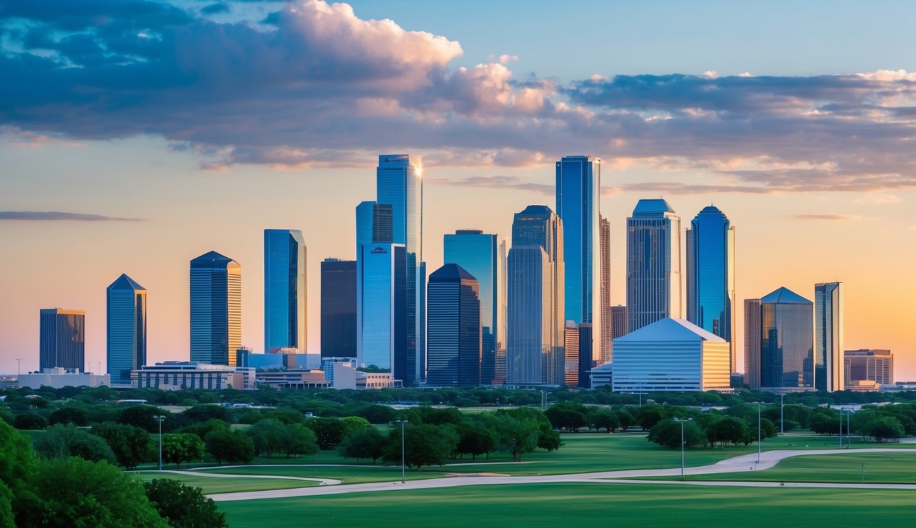 A bustling city skyline in Dallas with skyscrapers and green spaces, showcasing potential real estate opportunities in 2025