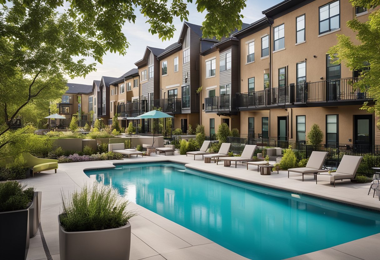 A modern build-to-rent community with colorful townhouses, lush landscaping, and communal amenities like a pool and fitness center