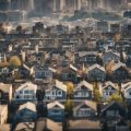 A bustling city skyline with rows of old, run-down houses and construction sites, showing signs of urban renewal and potential for house flipping in 2025