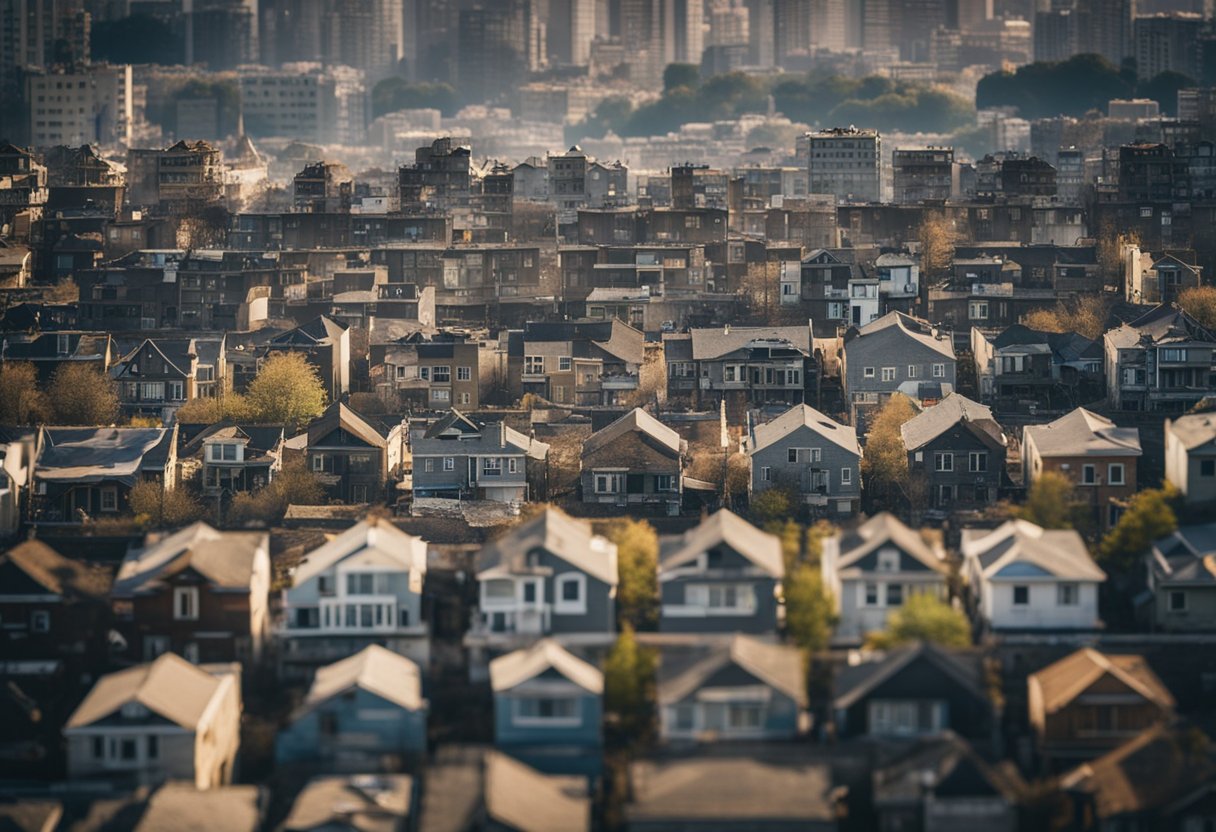 A bustling city skyline with rows of old, run-down houses and construction sites, showing signs of urban renewal and potential for house flipping in 2025