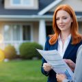 A female real estate investor with red hair standing in front of a house with a property appraiser and reviewing the appraisal report to determine fair market value as part of the due diligence process.