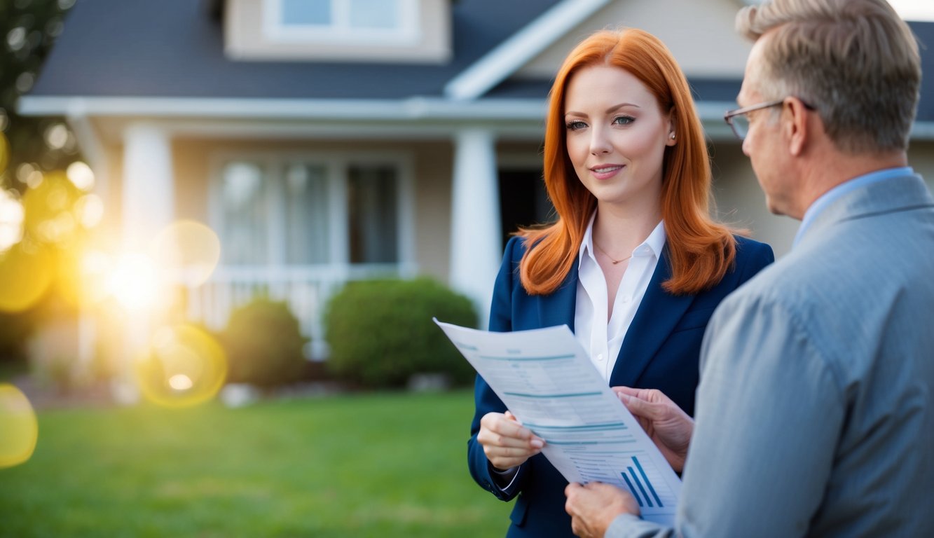 A female real estate investor with red hair standing in front of a house with a property appraiser and reviewing the appraisal report to determine fair market value as part of the due diligence process.